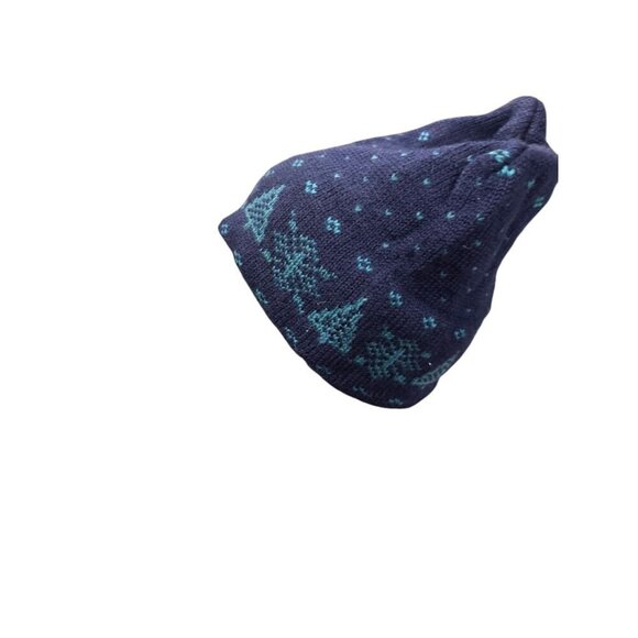 Knit Winter Hat Navy & Teal Geometric Snowflake Design Warm & Soft Unisex One Si - Picture 2 of 13